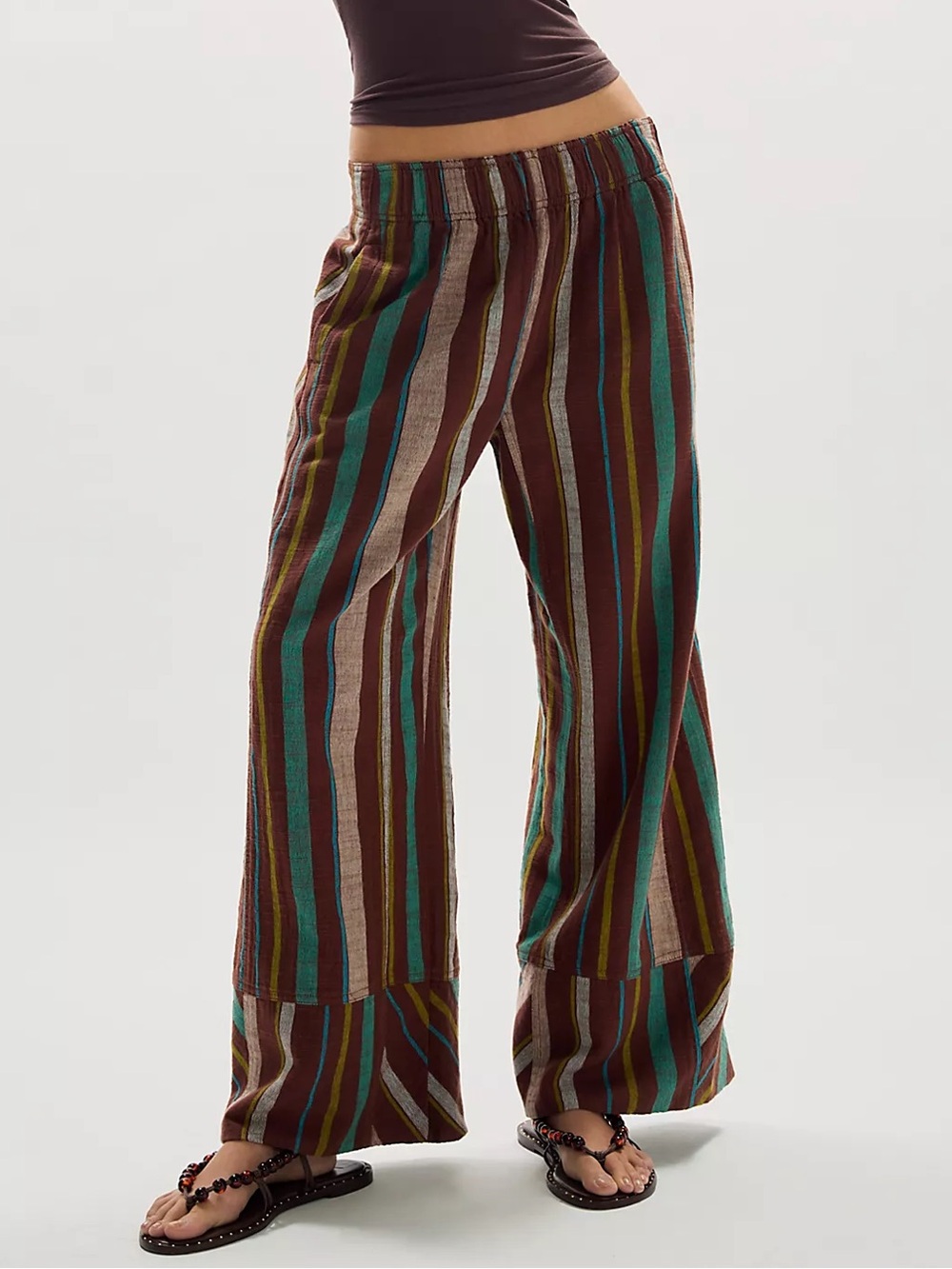 Free People Day's End Linen Striped Pull-On Pants in Brown Chocolate Combo